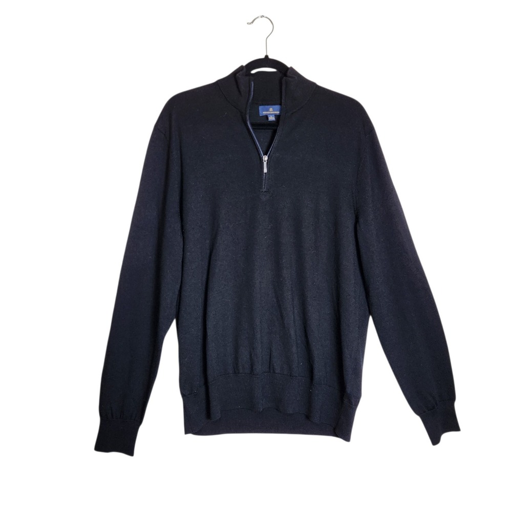 Brooks Brothers Mens Large 100% Merino Wool Quarter Zip Sweater Navy Blue